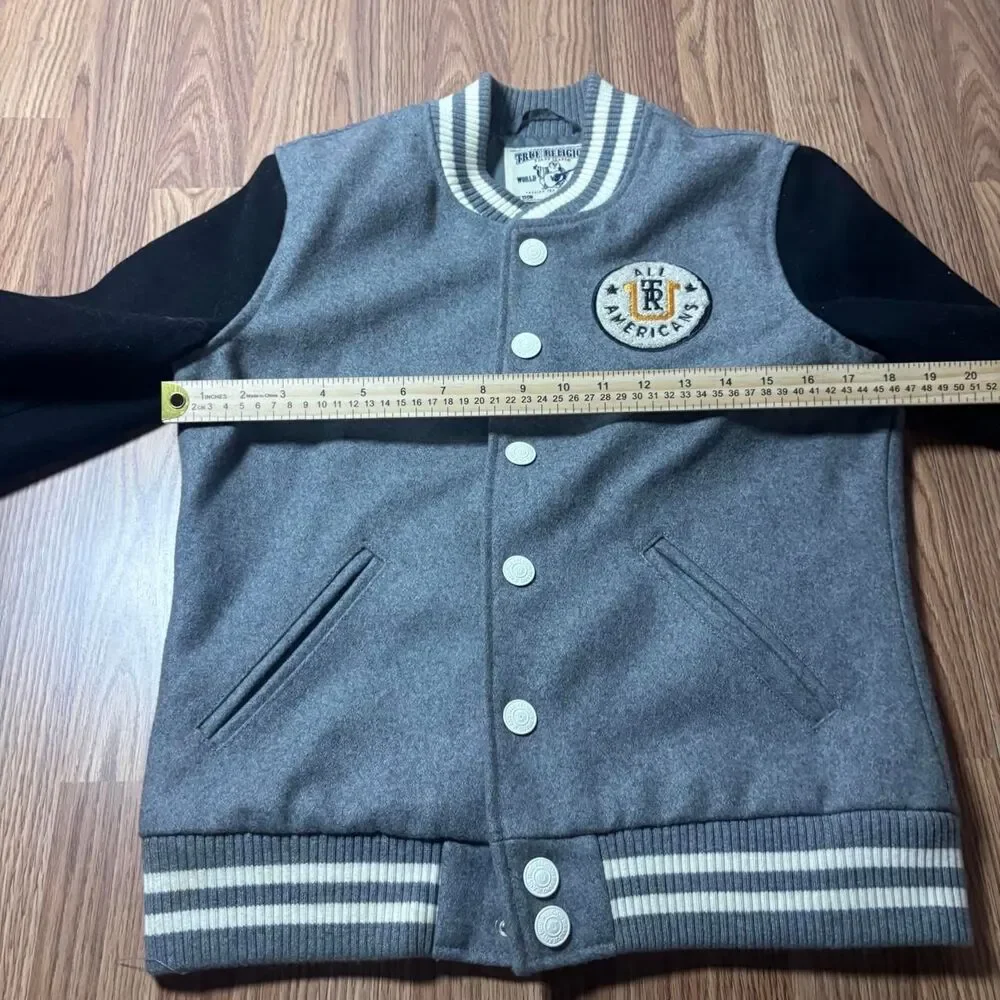 True Religion Varsity Jacket Men’s M Gray Embroidered Stitched Rare Y2K